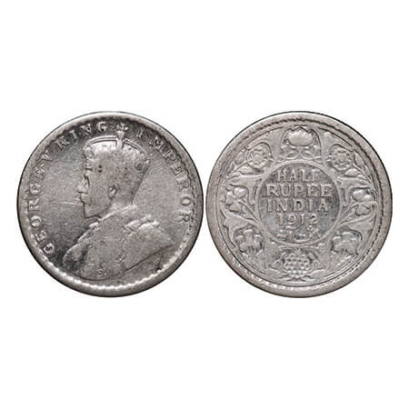 George V, Silver, Half Rupee, 1912, Calcutta Mint, No dot. GK 1046. Fine, Cleaned. Scarce.