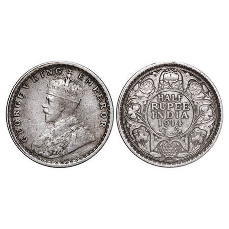 George V, Silver, Half Rupee, 1914, Calcutta Mint, No dot. GK 1050. Very FIne. Scarce.