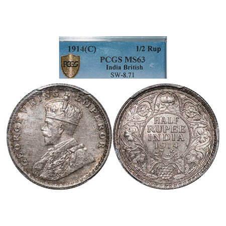 George V, Silver, Half Rupee, 1914, Calcutta Mint, No dot. GK 1050. PCGS Slabbed MS 63. Ve