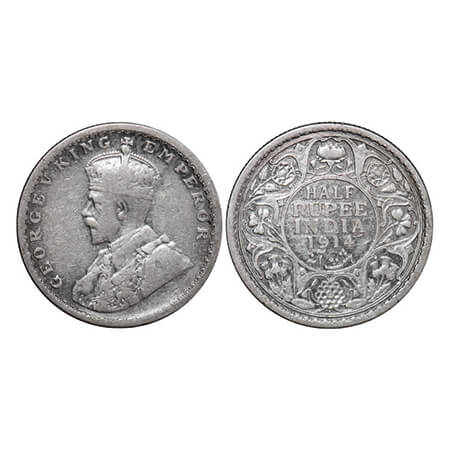 George V, Silver, Half Rupee, 1914, Bombay Mint, Dot. GK 1051. Fine+, Cleaned. Scarce.