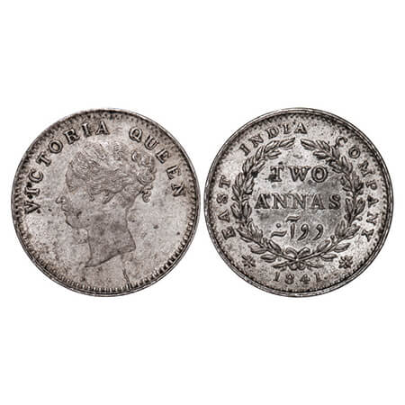 Victoria Queen, Silver, 2 Annas, 1841, CL, Calcutta Mint, A(a)/I, Plain edge, Die crack on