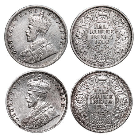 George V, Silver, Half Rupee, (2 coins), 1) 1916, Calcutta Mint, No dot, 2) 1917, Bombay M