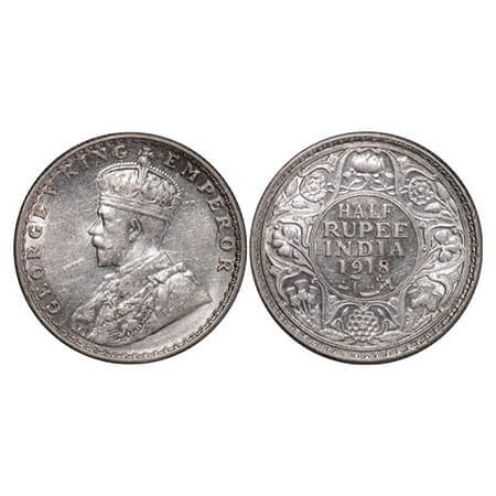 George V, Silver, Half Rupee, 1918, Bombay Mint, Dot. GK 1056. About Uncirculated. Scarce.