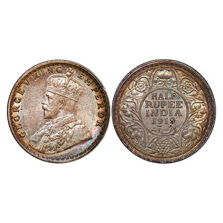 George V, Silver, Half Rupee, 1919, Bombay Mint, Dot, Ghost on Rev, Alphabate 'A' of India
