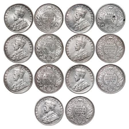 George V, Silver, Half Rupee, (Lot of 7 coins), 1) 1919, Bombay Mint, Dot, 2) 1921, Calcut