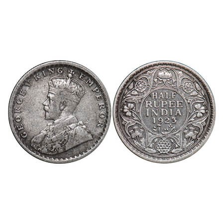 George V, Silver, Half Rupee, 1923, Calcutta Mint, No dot. GK 1061. Very Fine. Scarce.