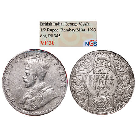 George V, Silver, Half Rupee, 1923, Bombay Mint, Dot. GK 1062. NGS Slabbed VF 30. Scarce.