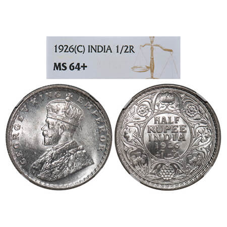 George V, Silver, Half Rupee, 1926, Calcutta Mint, No dot. GK 1067. NGC Slabbed MS 64+. Ra