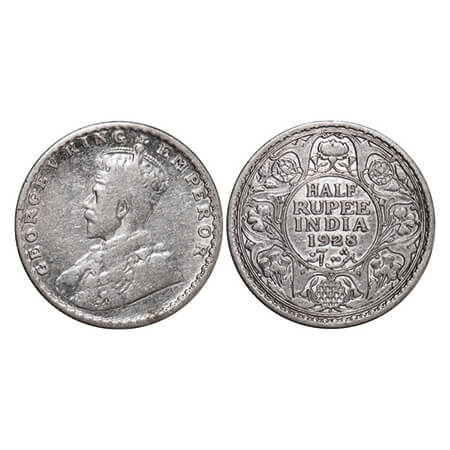 George V, Silver, Half Rupee, 1928, Bombay Mint, Dot. GK 1070. Fine, Cleaned. Scarce.