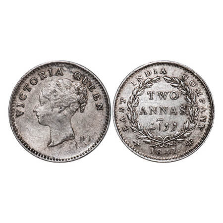 Victoria Queen, Silver, 2 Annas, 1841, CL, Calcutta Mint, A(a)/I, Plain edge. GK 135. Extr