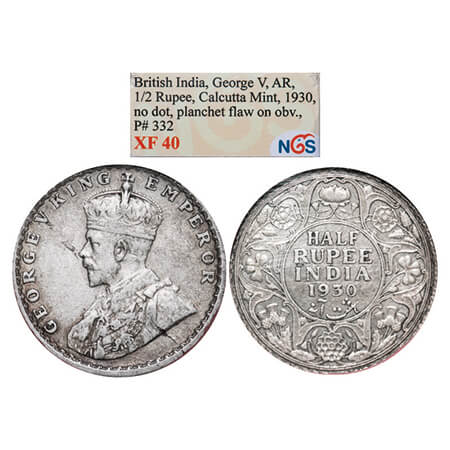 George V, Silver, Half Rupee, 1930, Calcutta Mint, No dot, Slab indicates planchet flaw on