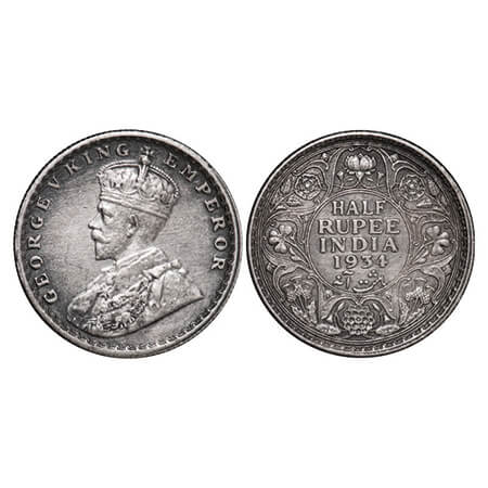 George V, Silver, Half Rupee, 1934, Calcutta Mint, No dot. GK 1074. Very Fine+, Cleaned. S