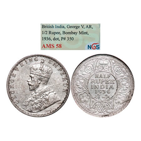 George V, Silver, Half Rupee, 1936, Bombay Mint, Dot. GK 1076. NGS Slabbed AMS 58. Scarce.