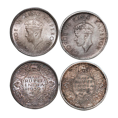 George V, Half Silver, Half Rupee, (2 coins), 1939, Bombay Mint, 1) A/I, Dot, Head Type I,