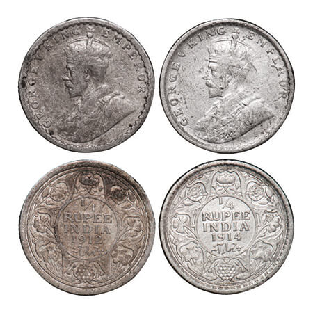 George V, Silver, 1/4 Rupee, (2 coins), 1912, 1914, Calcutta Mint, No dot. GK 1081, 1085. 