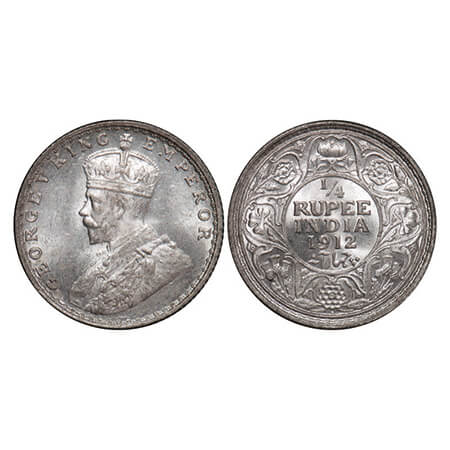 George V, Silver, 1/4 Rupee, 1912, Bombay Mint, Dot. GK 1082. Brilliant Uncirculated. Very