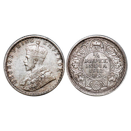 George V, Silver, 1/4 Rupee, 1912, Bombay Mint, Dot. GK 1082. Extremely Fine. Scarce.
