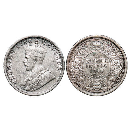 George V, Silver, 1/4 Rupee, 1913, Calcutta Mint, No dot. GK 1083. About Uncirculated. Sca