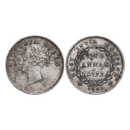 Victoria Queen, Silver, 2 Annas, 1841, CL, Calcutta Mint, A(a)/I, Plain edge. GK 135. Very