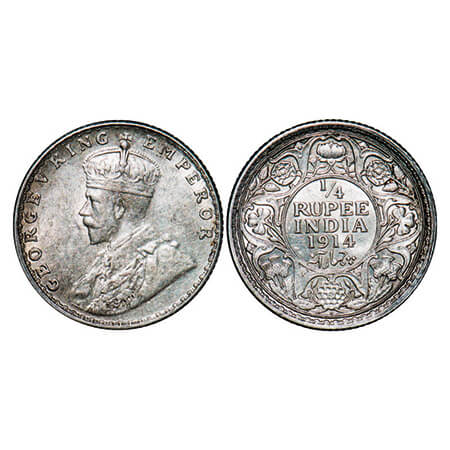 George V, Silver, 1/4 Rupee, 1914, Bombay Mint, Dot. GK 1086. Almost Uncirculated. Scarce.