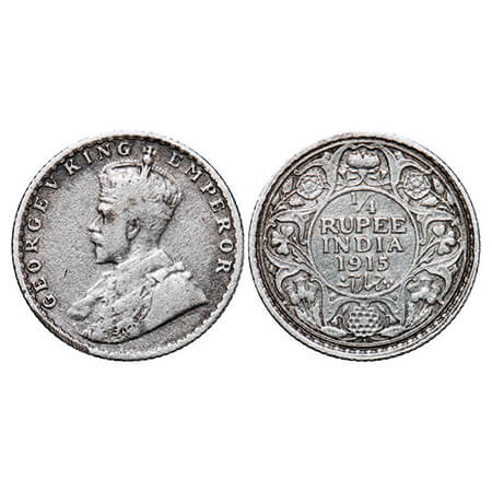 George V, Silver, 1/4 Rupee, 1915, Bombay Mint, Dot. GK 1088. Very Fine. Scarce.
