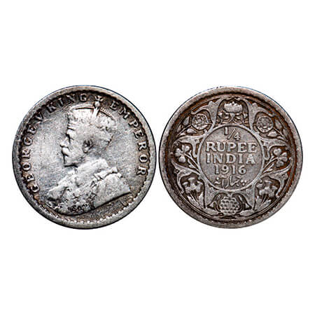 George V, Silver, 1/4 Rupee, 1916, Calcutta Mint, No dot. GK 1089. Fine+. Scarce.