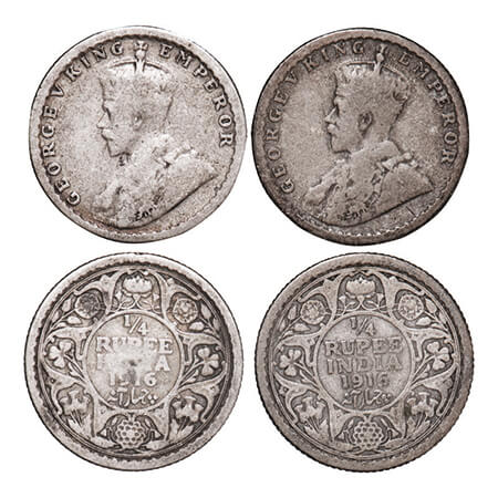 George V, Silver, 1/4 Rupee, (2 coins), 1916, Calcutta Mint, No dot. GK 1089. Fine. Scarce