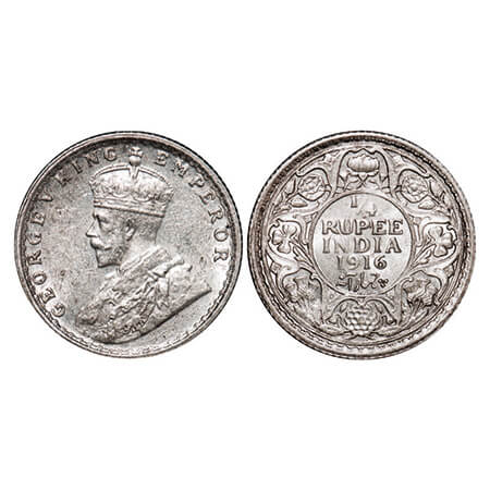 George V, Silver, 1/4 Rupee, 1916, Calcutta Mint, No dot. GK 1089. Uncirculated. Scarce.