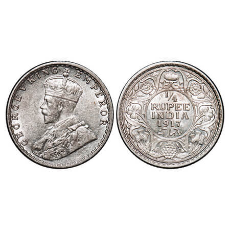George V, Silver, 1/4 Rupee, 1917, Calcutta Mint, No dot. GK 1090. About Uncirculated. Sca