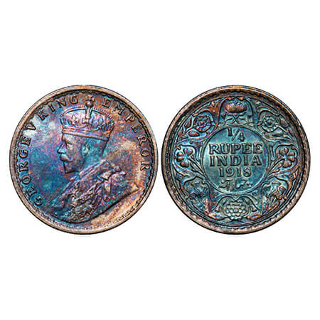 George V, Silver, 1/4 Rupee, 1918, Calcutta Mint, No dot. GK 1091. Brilliant Uncirculated,