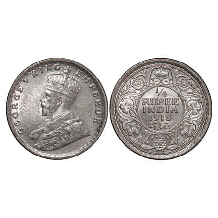 George V, Silver, 1/4 Rupee, 1918, Calcutta Mint, No dot. GK 1091. Extremely Fine. Scarce.