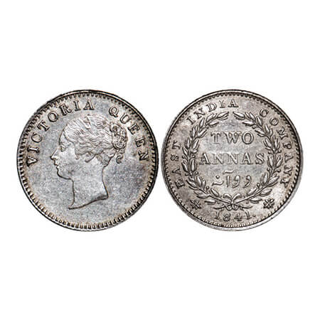 Victoria Queen, Silver, 2 Annas, 1841, CL, Calcutta Mint, A/I, Curls of hair on first hair