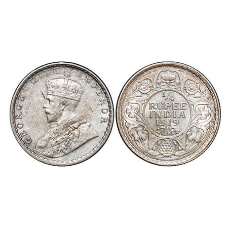 George V, Silver, 1/4 Rupee, 1919, Calcutta Mint, No dot. GK 1092. About Uncirculated. Sca