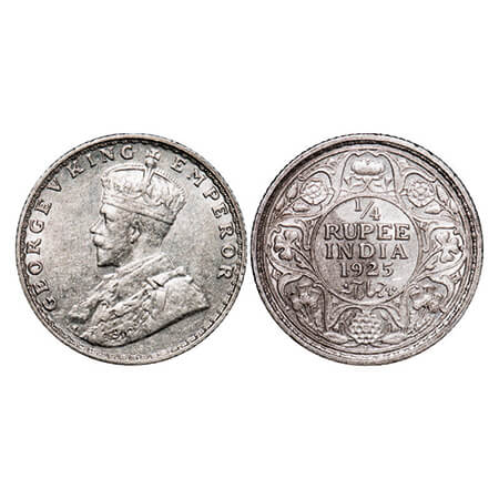 George V, Silver, 1/4 Rupee, 1925, Bombay Mint, Dot. GK 1093. About Uncirculated. Scarce.