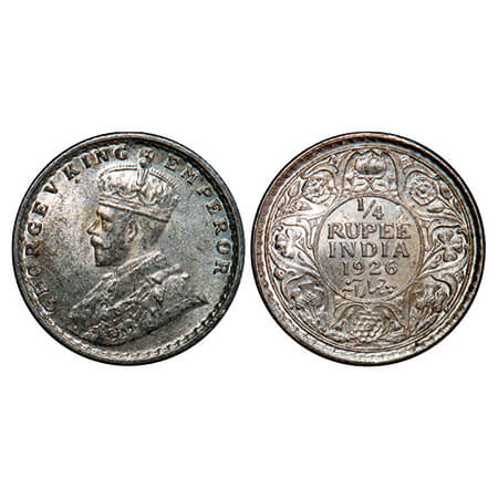 George V, Silver, 1/4 Rupee, 1926, Calcutta Mint, No dot. GK 1094. Uncirculated. Scarce.