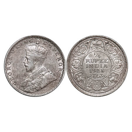 George V, Silver, 1/4 Rupee, 1928, Bombay Mint, Dot. GK 1095. Very Fine+. Scarce.