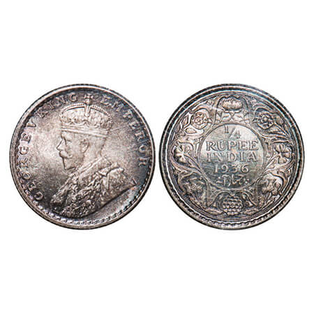 George V, Silver, 1/4 Rupee, 1936, Calcutta Mint, No dot. GK 1099. Brilliant Uncirculated,