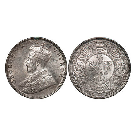 George V, Silver, 1/4 Rupee, 1936, Bombay Mint, Dot. GK 1100. Uncirculated. Scarce.