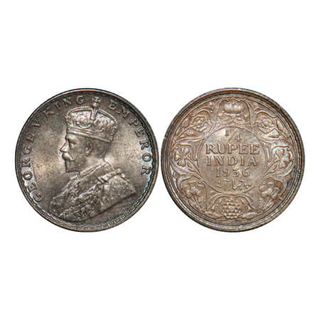 George V, Silver, 1/4 Rupee, 1936, Bombay Mint, Dot, a tiny diamond shape mark on Obv and 