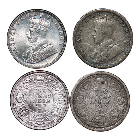 George V, Silver, 2 Annas, (2 coins), 1) 1912, Bombay Mint, Dot, 2) 1917, Calcutta Mint, N
