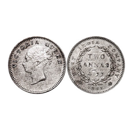 Victoria Queen, Silver, 2 Annas, 1841, CL, Calcutta Mint, A(a)/I, Curl of hairs on first h