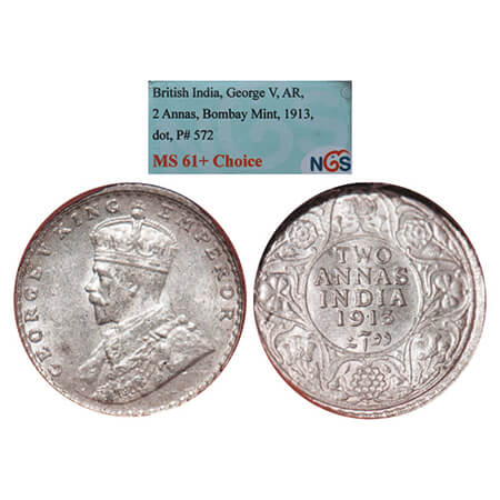 George V, Silver, 2 Annas, 1913, Bombay Mint, Dot. GK 1111. NGS Slabbed MS 61+, Choice. Ve