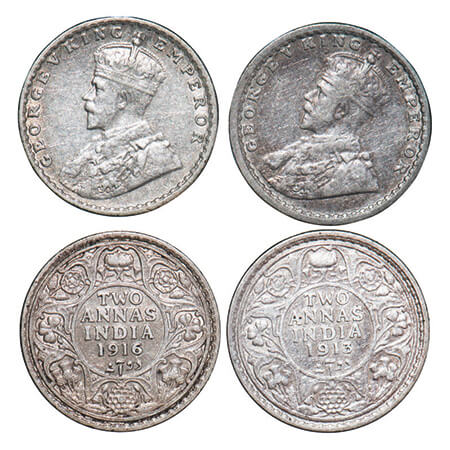 George V, Silver, 2 Annas, (2 coins), 1) 1913, Bombay Mint, Dot, 2) 1916, Calcutta Mint, N