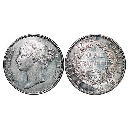 Victoria Queen, Silver, Rupee, 1840, DL, (30.52 mm), Calcutta Mint, W.W. raised, Wreath wi