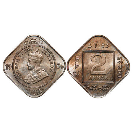 George V, Copper-Nickel, 2 Annas, 1936, Bombay Mint, Dot. GK 1140. Uncirculated. Scarce.
