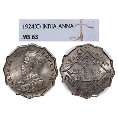George V, Copper-Nickel, 1 Anna, 1924, Calcutta mint, No dot. GK 1153. NGC Slabbed MS 63. 