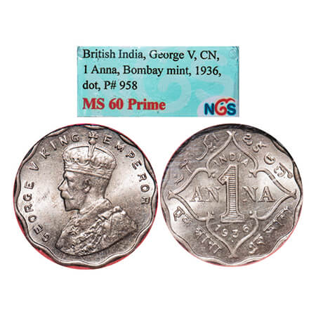 George V, Copper-Nickel, 1 Anna, 1936, Bombay Mint, Dot, Small dot. GK 1168. NGS Slabbed M