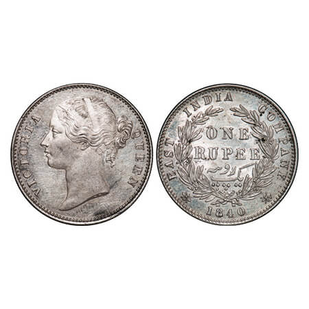 Victoria Queen, Silver, Rupee, 1840, DL, Calcutta Mint, W.W. raised, Wreath with 28 Berrie
