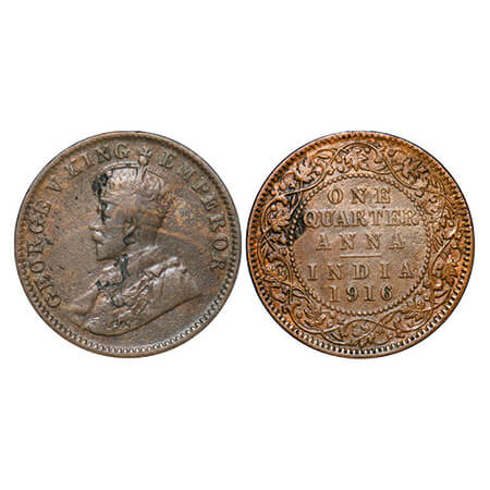 George V, Bronze, Quarter Anna, 1916, Calcutta Mint, No dot. GK 1175. Very Fine+, Cleaned.