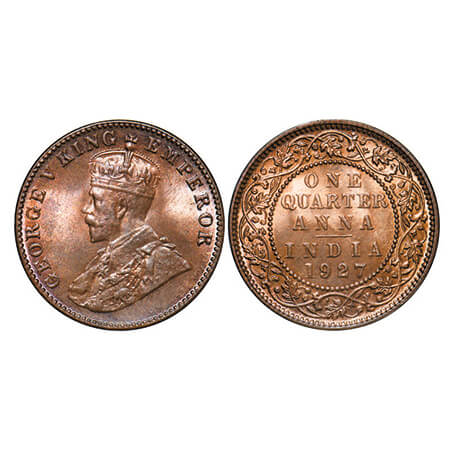 George V, Bronze, Quarter Anna, 1927, Calcutta Mint, No dot. GK 1186. Brilliant Uncirculat